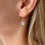 A dangling aquamarine drop on a gold earwire shown on a model