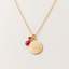 Gold filled initial disc necklace stamped with A and genuine ruby charms, July birthstone