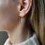 Labradorite drop earring close-up worn on the ear