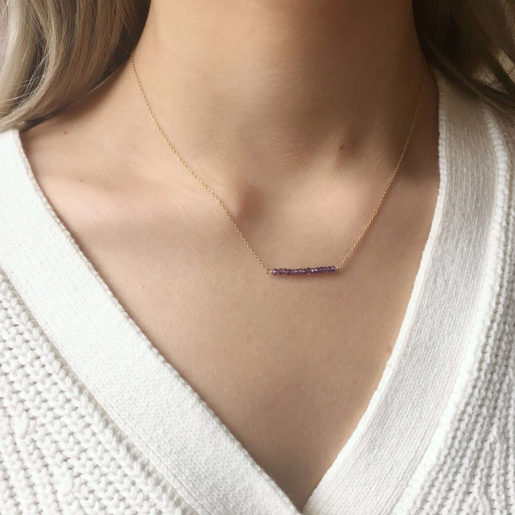 Beaded Bar Amethyst Necklace with tiny amethyst beads in a horizontal bar pendant on gold filled chain