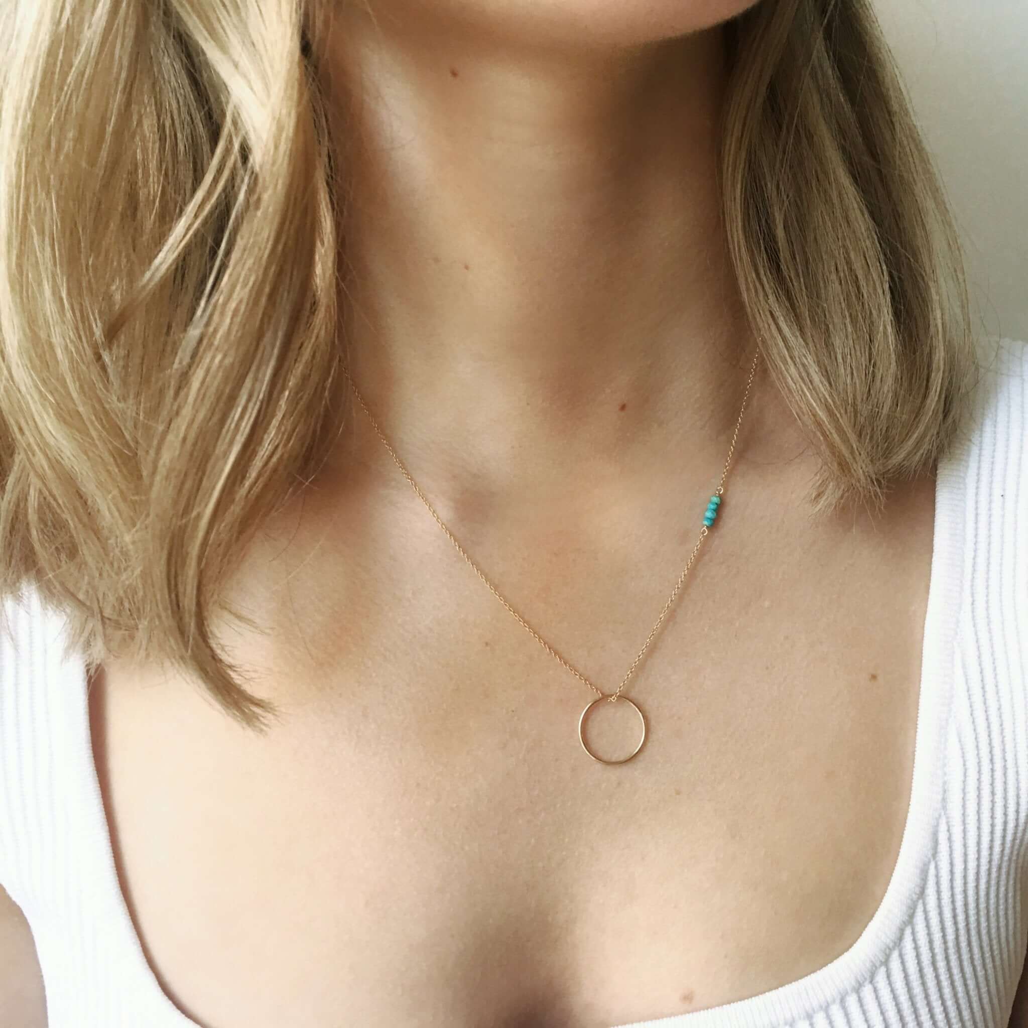 Minimalist circle pendant necklace with turquoise by Lolabean
